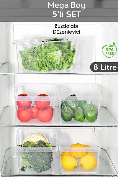 Meleni Home 5 Pieces In-Cabinet Refrigerator Organizer - Refrigerator Fruit Vegetable Storage Container Organizer Basket 8 Liters