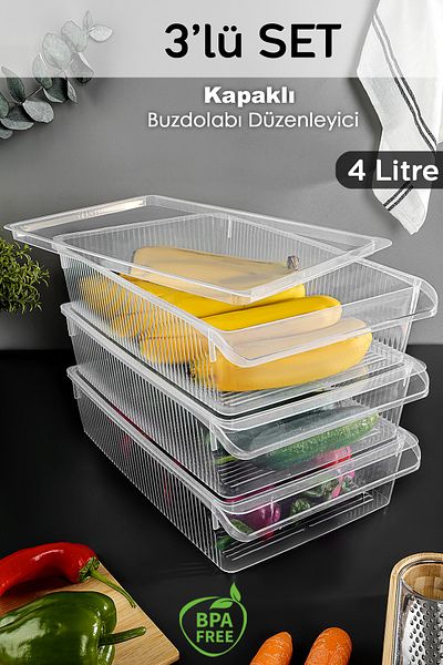Meleni Home 3 Pieces of Covered Cabinet Refrigerator Organizer - Refrigerator Organizer Fruit Vegetable Storage Container 4 Lt