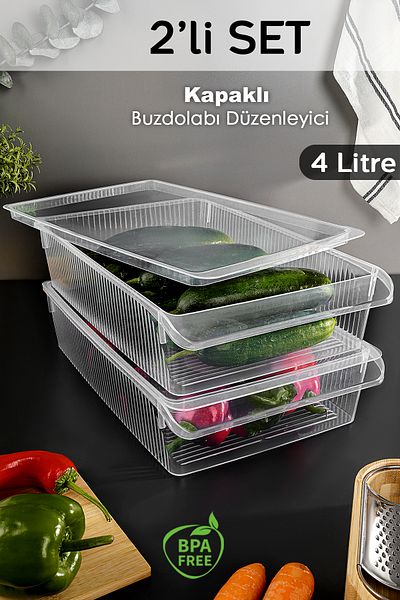 Meleni Home 2 Storage Containers with Lids - Organizer Organizer Fruit Vegetable Ration Container Storage Box 4 Liters