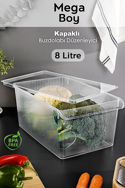 Meleni Home 1 Piece Covered Cabinet Refrigerator Organizer - Mega Size Organizer Fruit Vegetable Storage Container 8 Lt