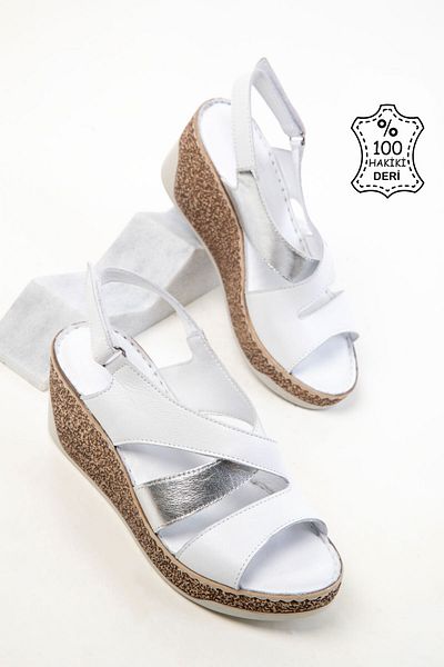 SOHO White-Silver Genuine Leather Women's Wedge Heeled Shoes 20528