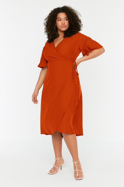 Trendyol Curve Orange Straight Wrap Midi Woven Plus Size Dress Tbbss22El1564