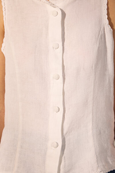 Trendyol Collection White 100% Linen Lace Trim Blouse Twoss25Bz00452