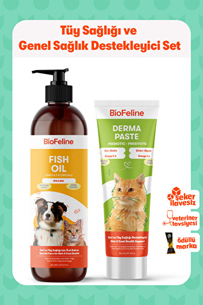 BioFeline Kediler İçin Tüy Sağlığı Destek Seti: 100g Derma Malt Macun ve 200m...