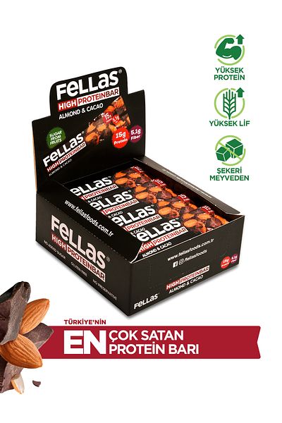 Fellas High Protein Almond and Cocoa Bar - 45 gr x 12 Pieces