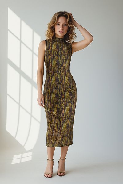 Trendyol Collection Multicolor Special Textured Stand Collar Zero Sleeve Stretchy Knitted Midi Pencil Dress Twoss24El00678