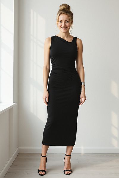 Trendyol Collection Μαύρο μίντι πλεκτό φόρεμα με ελαστική λεπτομέρεια - TWOSS25EL00109
