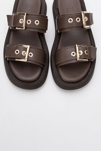 LuviShoes FINEZZA Brown Genuine Leather Women's Double-Strapped Flat Slippers
