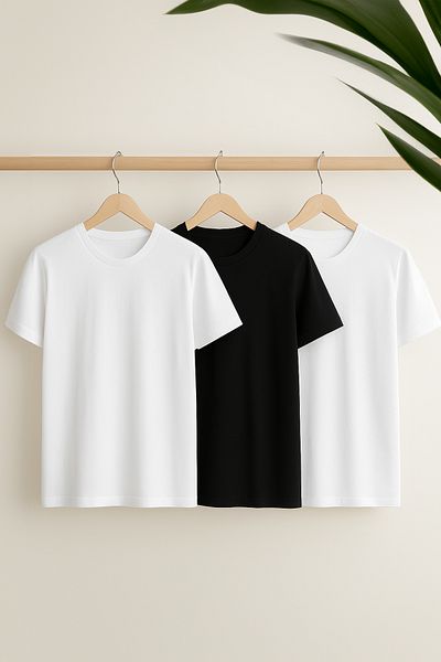 Trendyol Collection Weiß/Weiß/Schwarz 3 Stück 100 % rosa T-Shirt mit Rundhalsausschnitt und normaler Passform