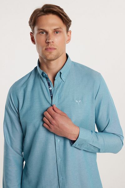 Tudors Ανδρικό μπλουζάκι Oxford Texture Petrol Color Slim Fit - Μακρύ μανίκι, με κουμπιά γιακά