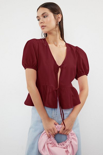 Trendyol Collection Burgundy Tied Woven Shirt Twoss24Go00237