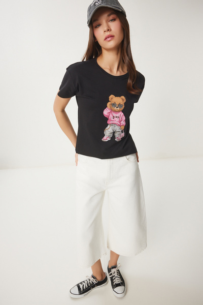 Happiness İstanbul Women's Black Stone Detailed Teddy Bear Printed Knitted T-Shirt Bw00001