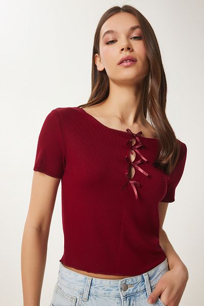 Happiness İstanbul Burgunderfarbenes Damen-T-Shirt mit Schleife MC00296