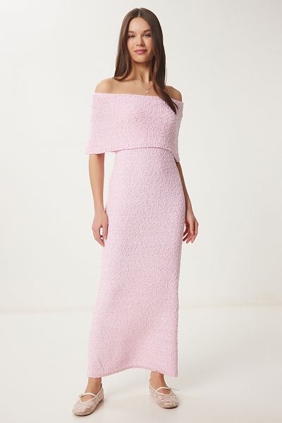 Happiness İstanbul Rosa Carmen-Kragen-Sommer-Strickkleid für Damen YY00234
