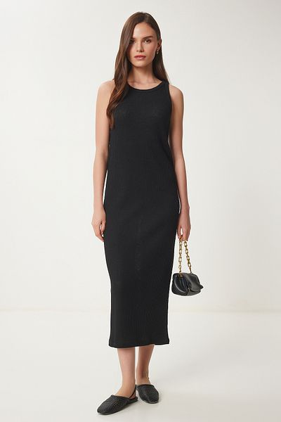 Happiness İstanbul Women's Black Basic Corded Midi Knitted Dress Wo00049