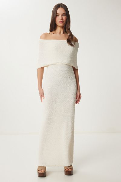 Happiness İstanbul Cremefarbenes Sommer-Strickkleid mit Carmen-Kragen für Damen YY00234
