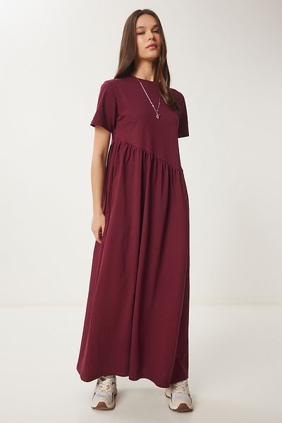 Happiness İstanbul Burgunderrotes, übergroßes Sommer-Strickkleid für Damen DZ00122