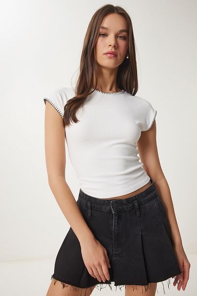 Happiness İstanbul Gestrickte Bluse mit Knochenkontraststreifen für Damen FW00006