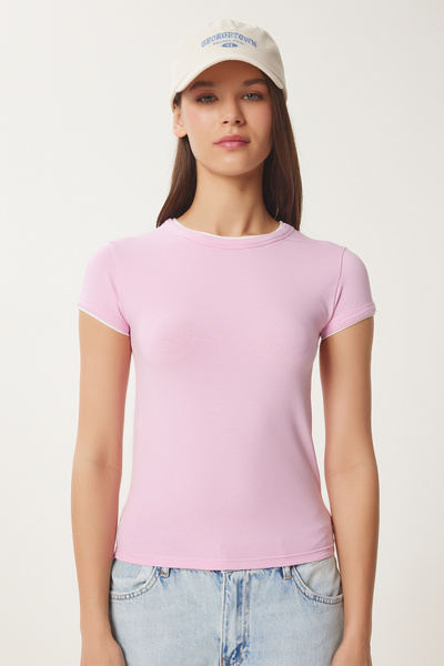 Happiness İstanbul Γυναικείο πλεκτό μπλουζάκι με ροζ κόκκαλο αντίθεσης χρώματος UB00369