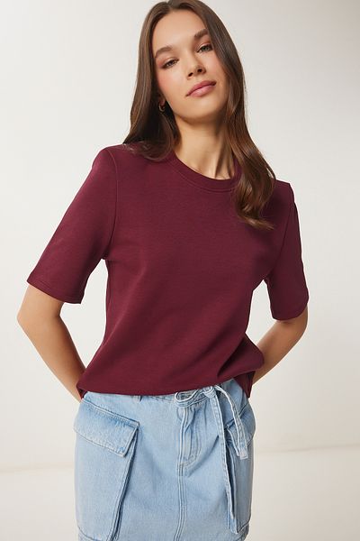 Happiness İstanbul Burgunderfarbenes Damen-T-Shirt aus wattierter Baumwolle DZ00121
