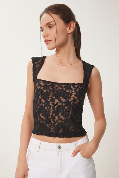 Happiness İstanbul Schwarze, dehnbare Crop-Bluse aus Spitze für Damen KH00095