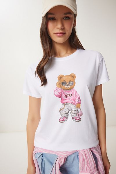 Happiness İstanbul Weißes Damen-T-Shirt mit Teddybär-Aufdruck und Steinchen BW00001