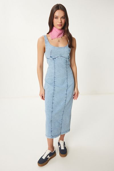 Happiness İstanbul Rochie midi din denim cu bretele cu fermoar albastru mediu pentru femei OK00061