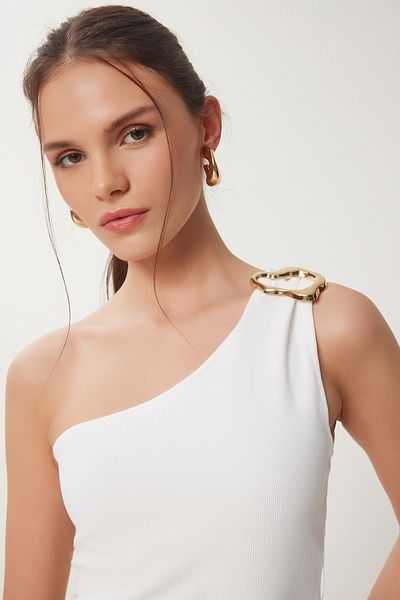 Happiness İstanbul Women's Bone Single Shoulder Buckle Ribbed Crop Blouse Kh00096