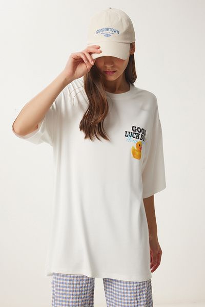 Happiness İstanbul Women's Ecru Oversize Printed Cotton Knitted T-Shirt Ub00372