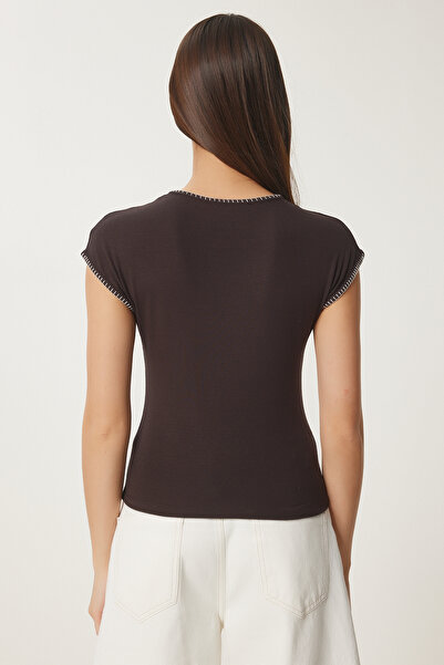 Happiness İstanbul Dámská hnědá kontrastní pruhovaná pletená halenka FW00006