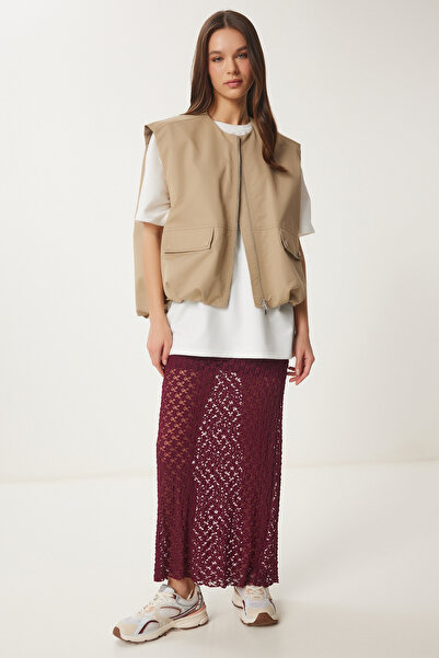 Happiness İstanbul Women's Burgundy Lined Summer Long Lace Skirt Hf00462