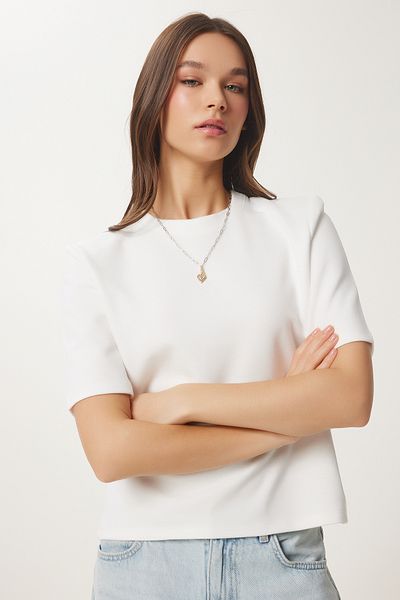 Happiness İstanbul Weißes Damen-T-Shirt aus wattierter Baumwolle DZ00121