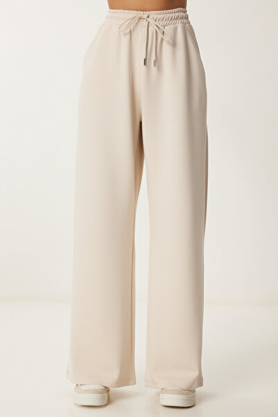 Happiness İstanbul Γυναικεία Κρεμ Φούτερ με φαρδύ πόδι Modal UB00361