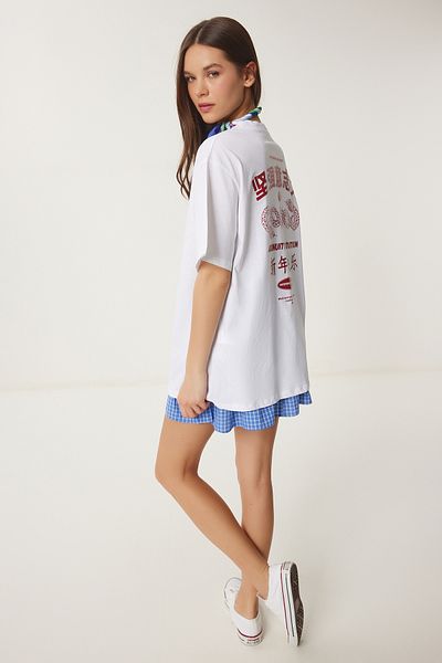 Happiness İstanbul Women's White Oversize Printed Cotton Knitted T-Shirt Ub00371