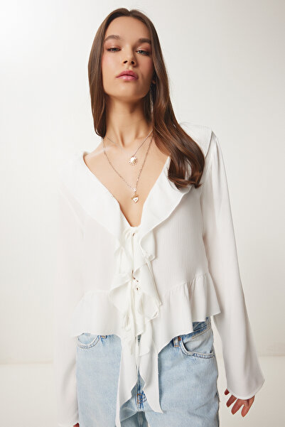 Happiness İstanbul Damen Ecru Rüschen Sommer gewebte Bluse XG00001