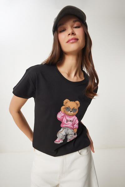 Happiness İstanbul Women's Black Stone Detailed Teddy Bear Printed Knitted T-Shirt Bw00001