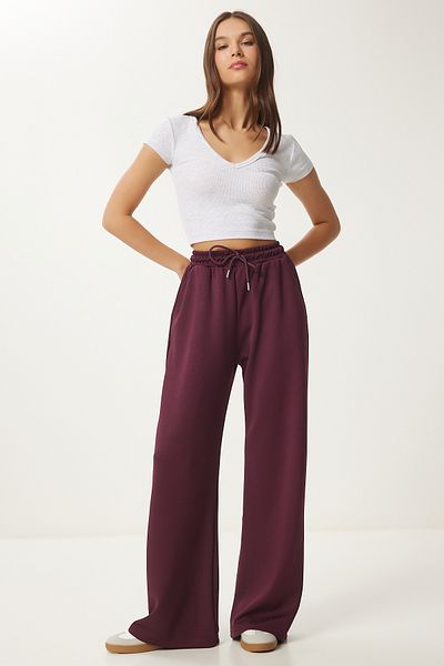 Happiness İstanbul Pflaumenfarbene Modal-Jogginghose mit weitem Bein für Damen UB00361
