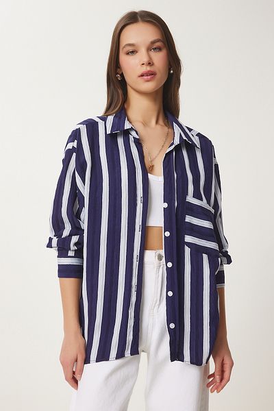 Happiness İstanbul Women's Navy Blue Striped Woven Shirt Oh00060