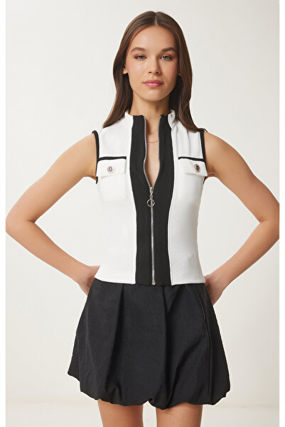 Happiness İstanbul Dámská kostěná kontrastní barva pletená halenka na zip KH00093