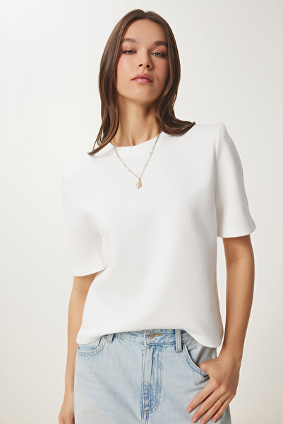 Happiness İstanbul Weißes Damen-T-Shirt aus wattierter Baumwolle DZ00121