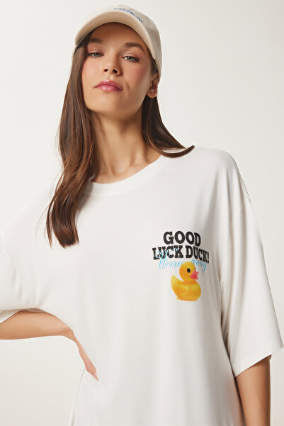 Happiness İstanbul Dámské bavlněné pletené tričko Ecru Oversize s potiskem UB00372