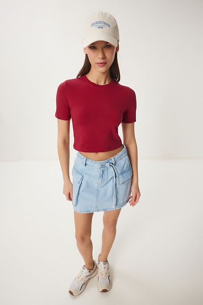 Happiness İstanbul Burgunderrotes Damen-T-Shirt mit Rundhalsausschnitt UB00064