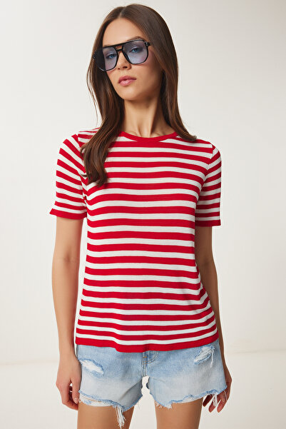 Happiness İstanbul Women's Red White Striped Seasonal Knitwear Blouse Yy00233