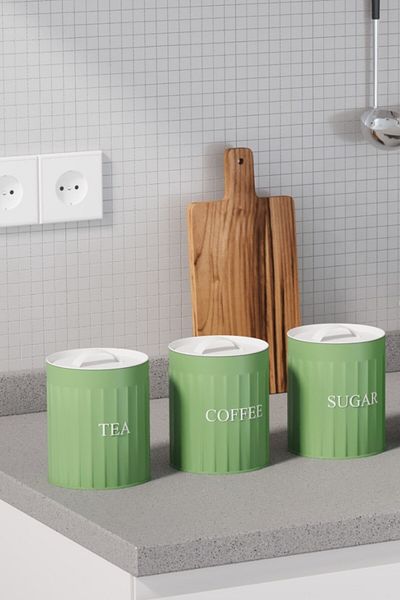 hemlife 3-Piece Metal Lid Metal Storage Box Tea Coffee Sugar Jar Storage Container Green/White