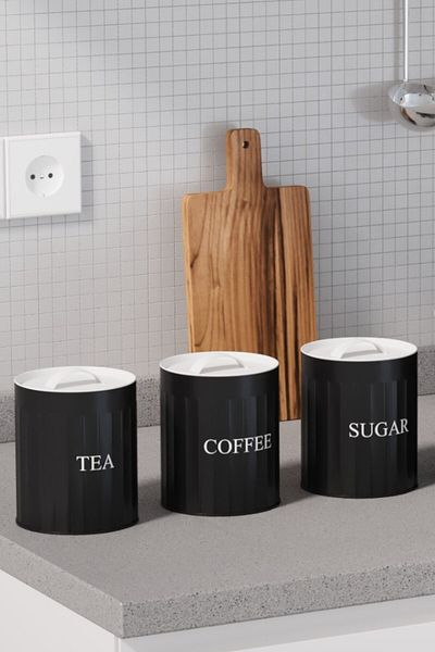 hemlife 3-Piece Metal Lid Metal Storage Box Tea Coffee Sugar Jar Storage Container Black/White