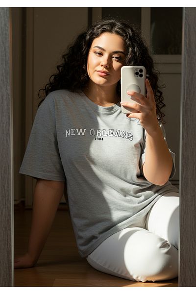 Trendyol Curve Βαμβακερό μπλουζάκι Oversize Grey Melange Printed - TBBSS24BF00020