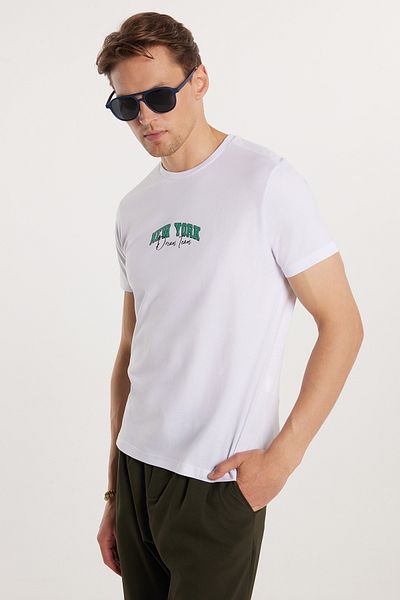 Tudors Ανδρικό T-shirt Slim Fit Slim Fit 100% βαμβακερό τυπωμένο λευκό μπλουζάκι με λαιμόκοψη