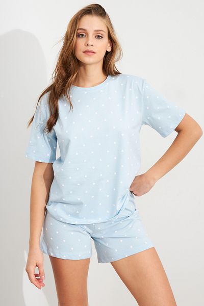 Cool & Sexy Women's Baby Blue Heart Polka Dot Pajamas Suit Han300