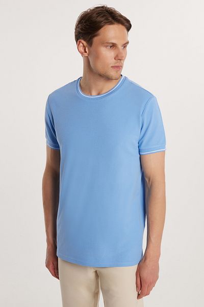Tudors Tricou pentru bărbați, slim fit, 100% bumbac, uni albastru piqué, cu decolteu rotund
