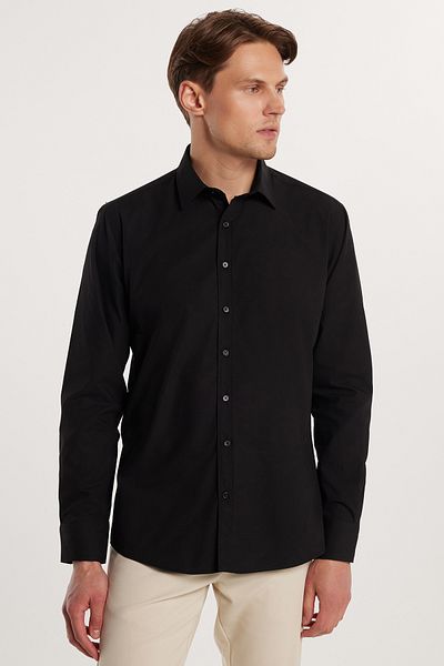 Tudors Moderní pánská černá košile Slim Fit Bavlna Easy Iron s dlouhým rukávem